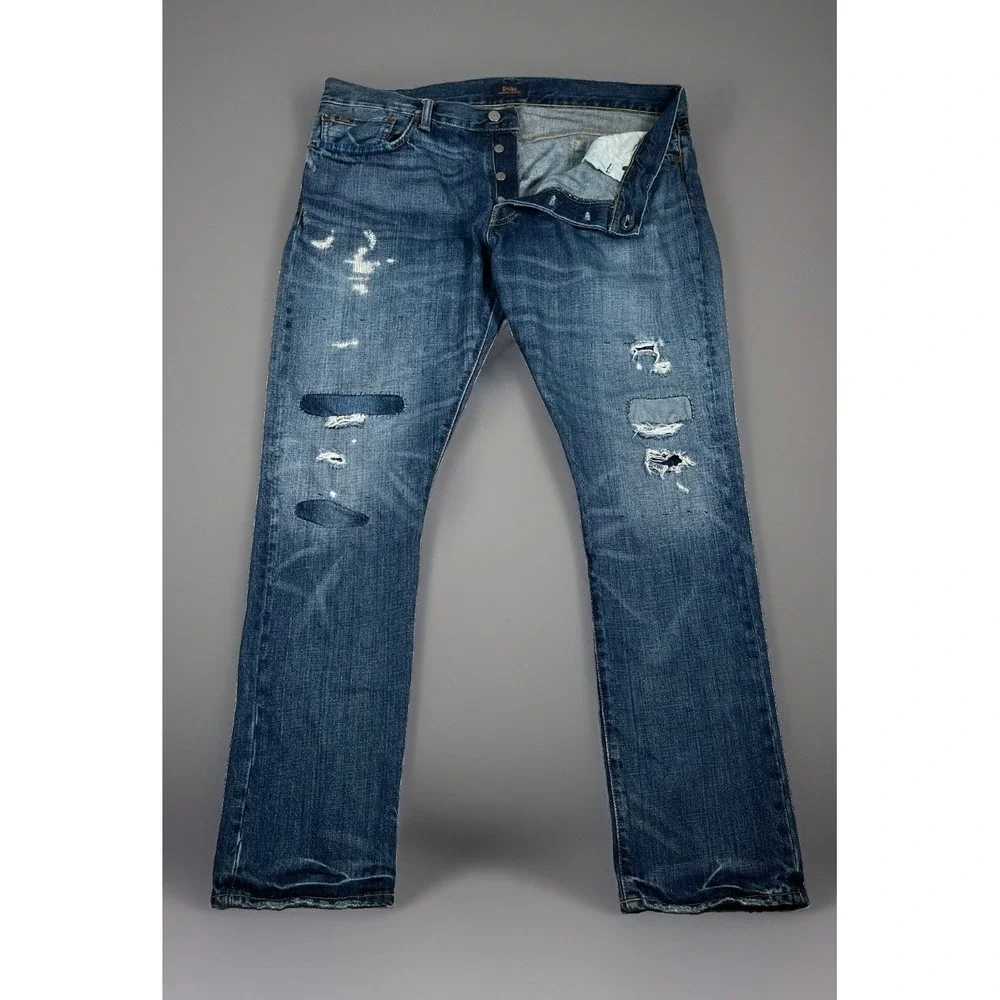 Polo Ralph Lauren Sullivan Slim Jeans Men's 36x32 Button Fly Distressed Patched